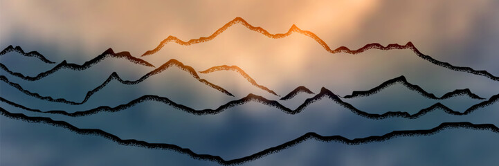 Dramatic sunset in the mountains, panoramic view, vector illustration