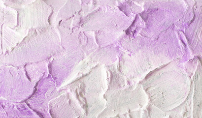 Rough texture of white putty with purple stains on wall