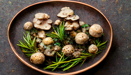 Bowl of baby bella mushrooms and bunch of fresh rosemary on rustic wooden background. Generative Ai - obrazy, fototapety, plakaty