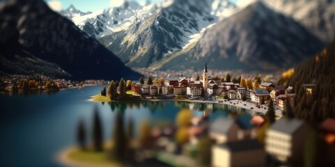 Stunning Beauty of a Mountainous Town by a Crystal Clear Lake through Tilt Shift Photography on a Sunny Day, generative ai