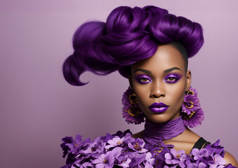A young black woman in an elegant studio shot. She has a glamorous hairstyle and gorgeous make-up in purple and lavender shades. Generative AI.
