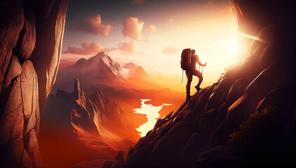 A Striking Illustration of a Man Climbing a Majestic Mountain at Sunset. Generative ai