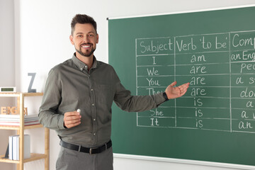 Happy teacher explaining English at blackboard in classroom