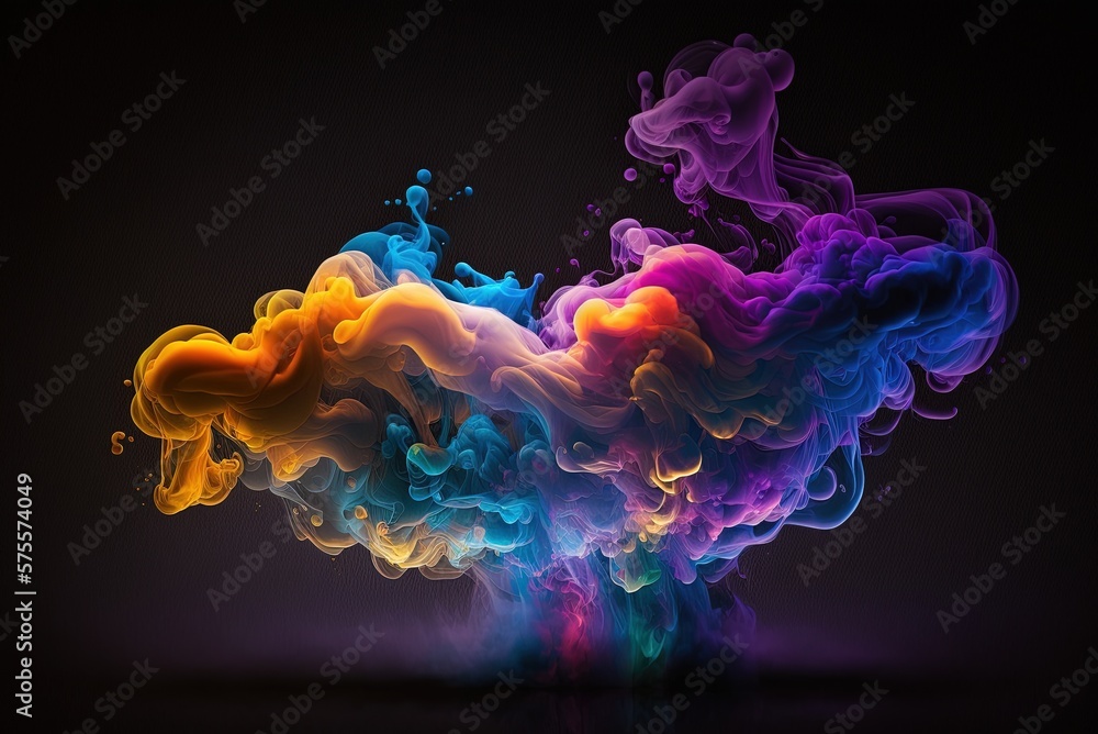 Poster curling cloud of multicolored smoke or vapour; computer illustration. generative ai