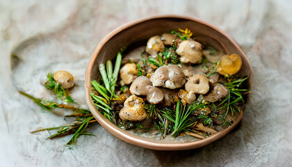 Fragrant mushrooms in pan on a cutting board with salt. on rustic surface. Generative Ai