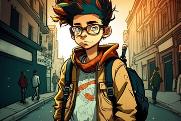 A boy in digital art, cartoonishly dressed for the city. Generative AI