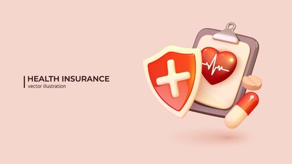 3D Health insurance concept. Realistic 3d design of Big clipboard with document checklist Life insurance family health care protection and medical service in cartoon minimal style. Vector illustration