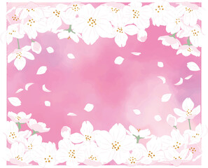 水彩画背景に桜のイラスト｜上下に花｜6:5