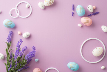 Easter decorations concept. Top view photo of white circles pink white blue easter eggs and...