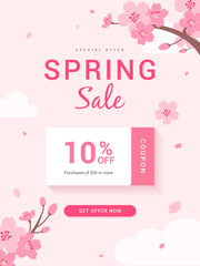 Spring Sale coupon template poster vector design. Cherry Blossoms branch on pink background