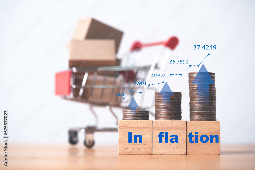 Poster increasing coins stacking with up arrow graph and shipping boxes trolley for economy inflation and g