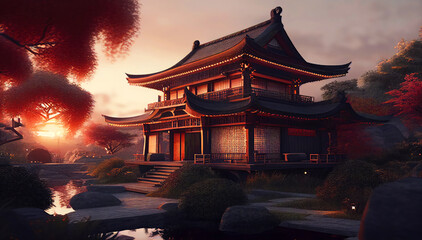 Eastern Elegance: An Inspiring Illustration of an Asian Style Building, Fusing Timeless Tradition. Generative AI