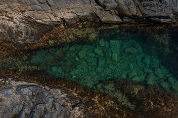 Beautiful landscape with turquoise water. Top view of unspoilt natural pools Aguas Verdes, Fuerteventura island. Selective focus, blurred background.