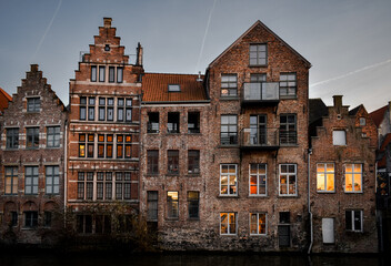 Canal houses in Ghent, Belgium during sunset