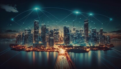 Fototapeta premium Wireless network and Connection technology concept with city background at night, Generative AI.