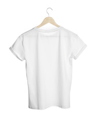 Hanger with stylish t-shirt on white background, back view