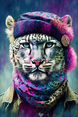 Snow Leopard wearing Beret, Psychedelic Illustration. Generative AI