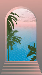 Vector image, a terrace with an arch and a view of a beautiful seascape with palm trees