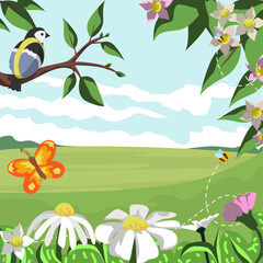 Fototapeta na wymiar Beautiful illustration of spring nature. Bird sitting on tree while butterfly and bees flying over flowers