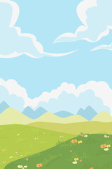 Beautiful illustration of spring nature. Flowers blooming in meadow under blue sky