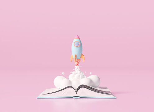 3d open book with rocket soaring Fresh start, smart and intelligent concept from reading book. 3d illustration