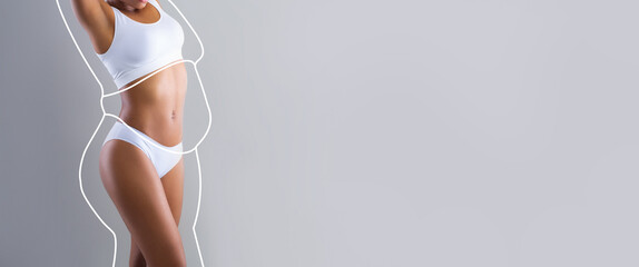 Young slim black female in white lingerie enjoys weight loss result with abstract fat body around