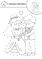 Vector dot-to-dot and color activity with cute kissing just married couple. Wedding connect the dots game for children with bride and groom. Marriage ceremony coloring page for kids..