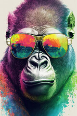 Gorilla wearing sunglasses, Psychedelic Illustration. Generative AI