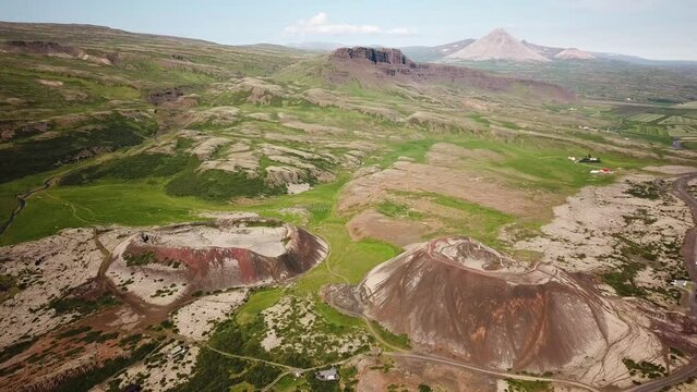 Aerial Drone footage of Grabrok Crater and smaller Grabrokarfell crater in summer, Iceland. Landscape Near Borgarfjordur Area In West Iceland. High quality 4k footage.