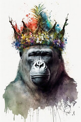 Gorilla wearing crown, Psychedelic Illustration. Generative AI