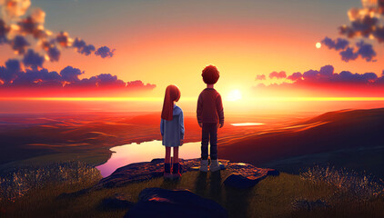 Obraz premium Spectacular Sunset: An Illustration of Kids on a Hill Watching a Breathtaking Landscape, Filled with Natural Wonder and Joyful Adventure. Generative AI