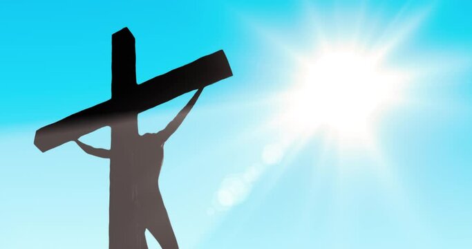 Crucifixion of Jesus Christ. Silhouette of Jesus on a Cross under scorching sun. Seamless loop, realistic animation