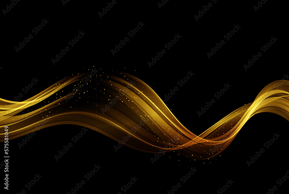 Poster golden waves. shiny golden moving lines design element with glitter effect on dark background.