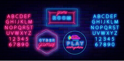 Game design neon labels collection. Play everywhere. Flying car. VR games. Vector stock illustration