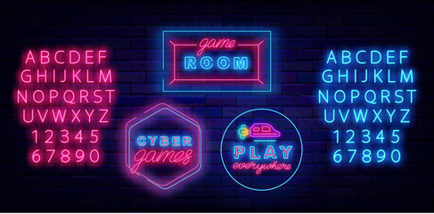 Naklejka premium Game design neon labels collection. Play everywhere. Flying car. VR games. Vector stock illustration