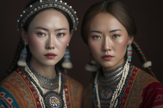 Yakut Indigenous women in Traditional Clothing from Siberia. Generative AI illustration.