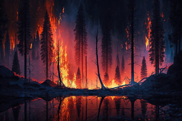 Forest on fire, illustration generative ai