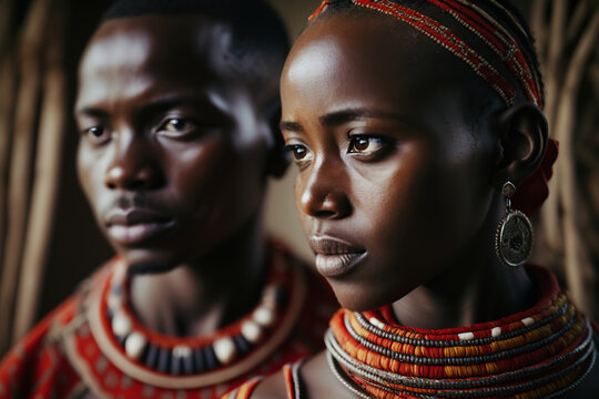 Maasai Indigenous Couple in Traditional Clothing from Kenya and Tanzania. Generative AI illustration.