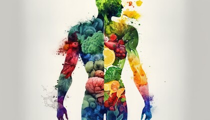 Obraz na płótnie Canvas Man is made of vegetables and fruit. Vegan lifestyle concept, Healthy food fitness generative ai