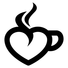 Logo i love coffee. Silueta aislada de taza de café con líneas con forma de corazón con humo