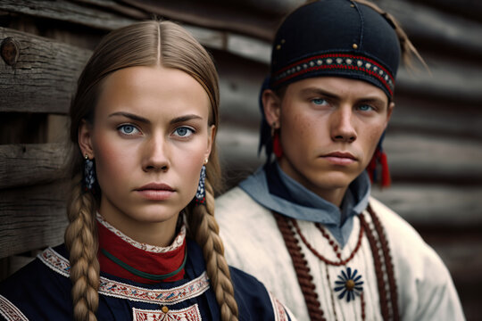 Young Scandinavian S&aacute;mi Indigenous People in Traditional Clothing. Generative AI illustration.