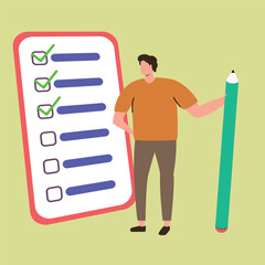 illustration of a list with a man hold a pencil 