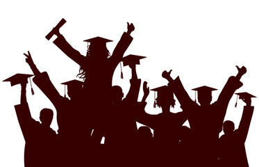 Happy group of graduate students in square academic caps. Cheerful people silhouette. Vector  illustration.