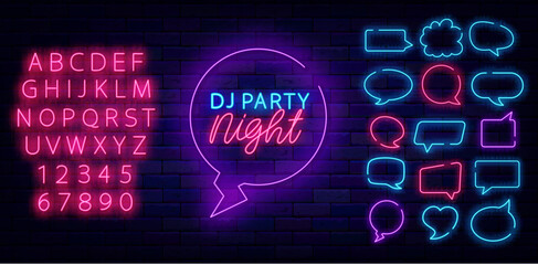 Dj party night neon emblem. Evening party. Speech bubbles frames set. Shiny pink alphabet. Vector stock illustration