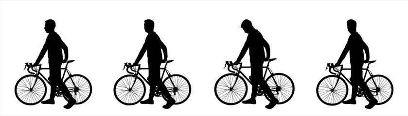A guy is standing next to the bike. Man and bicycle. The cyclist holds the handlebars of the bicycle with his hands. Side view, profile. Four black male silhouettes isolated on white background