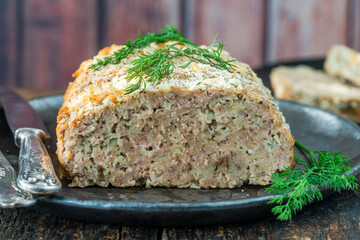 Homemade pork meatloaf - selective focus