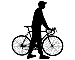 The guy in the cap holds the steering wheel of a bicycle in his hands. A young man with a bicycle. Side view. Sport. Sportsman. Cycling tourism. Black male silhouette isolated on white background