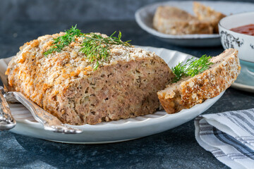 Homemade pork meatloaf - selective focus