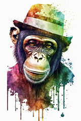 Chimpanzee wearing Hat, Psychedelic Illustration. Generative AI