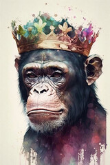Chimpanzee wearing crown, Psychedelic Illustration. Generative AI